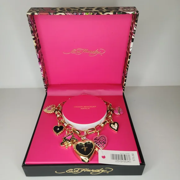 ED Hardy Watch Bracelet with 1 Heart-shaped watch face & 6 Charms Y2K Style NWT - Picture 2 of 7